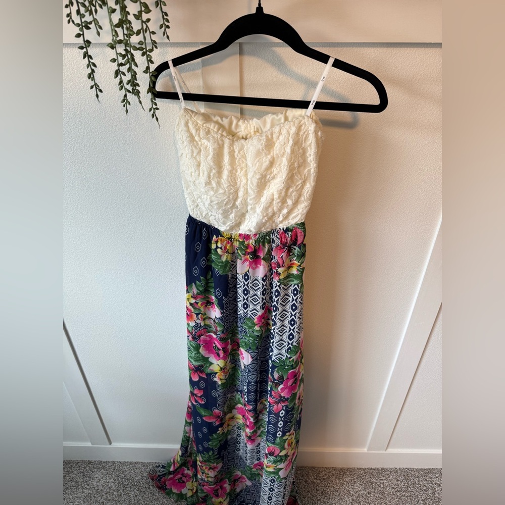 Iris Los Angeles Navy Floral Strapless Maxi Dress